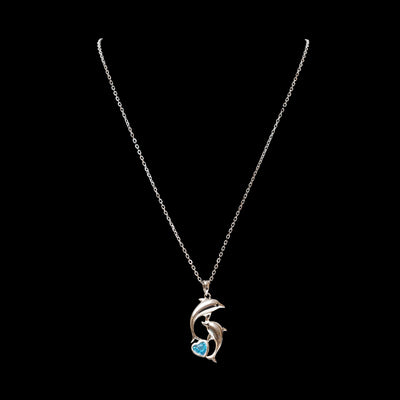 rhodium over sterling silver parent and child dolphin with blue spinel pendant necklace