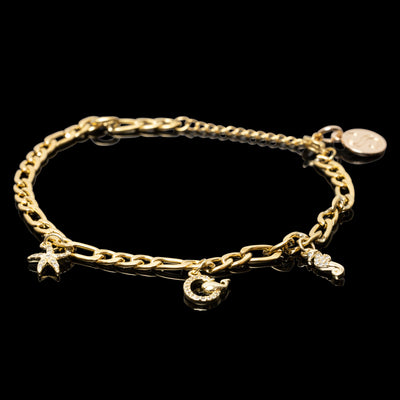 yellow gold over stainless steel ankle bracelet anklet with starfish, seahorse, whale charms with cubic zirconia